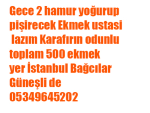 gece 2 hamur yoğurup pişirecek usta lazım Karafırın odunlu toplam 500 ekmek yer İstanbul Bağcılar Güneşli de 05349645202